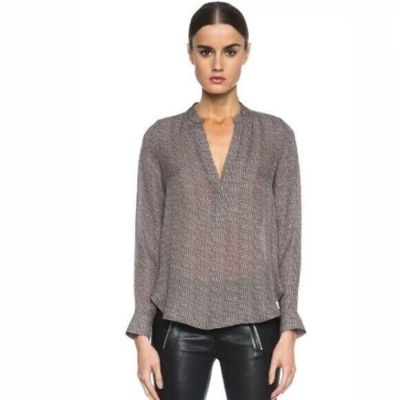 Vince Womens 10 Brown Diagonal Print Long Sleeves V-Neck Placket Silk Blouse - Picture 7 of 10